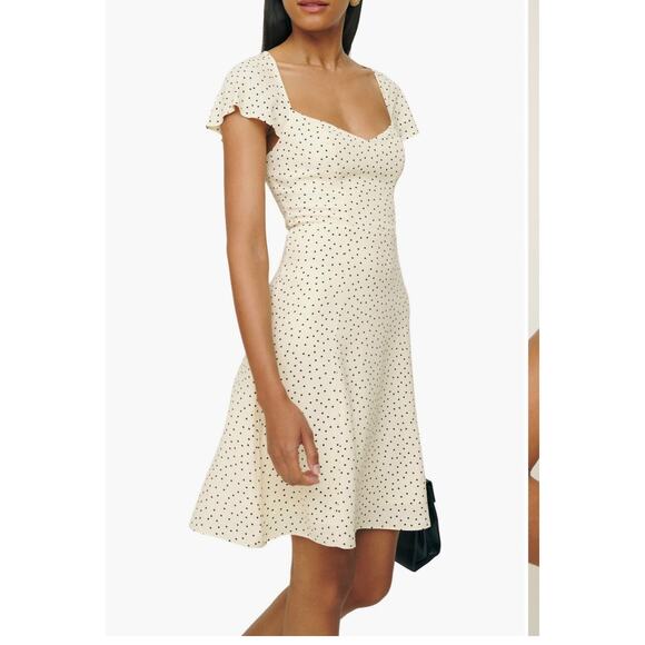 Reformation Novia Polka Dot Flutter Sleeve Dress in Salt and Pepper, Size 10 NEW - Picture 1 of 9